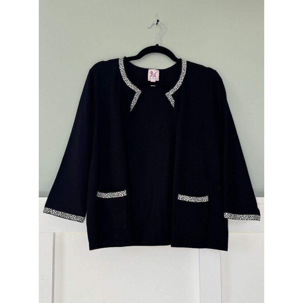 Pink Poodle Black Cardigan sweater  Open Front Animal‎ Print Trim Pockets Large